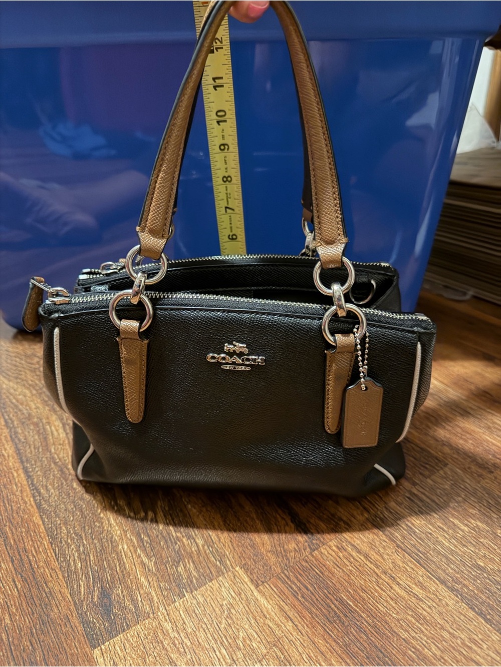 Coach Black Leather Satchel with Brown Handles and Cream Piping - Picture 6 of 8